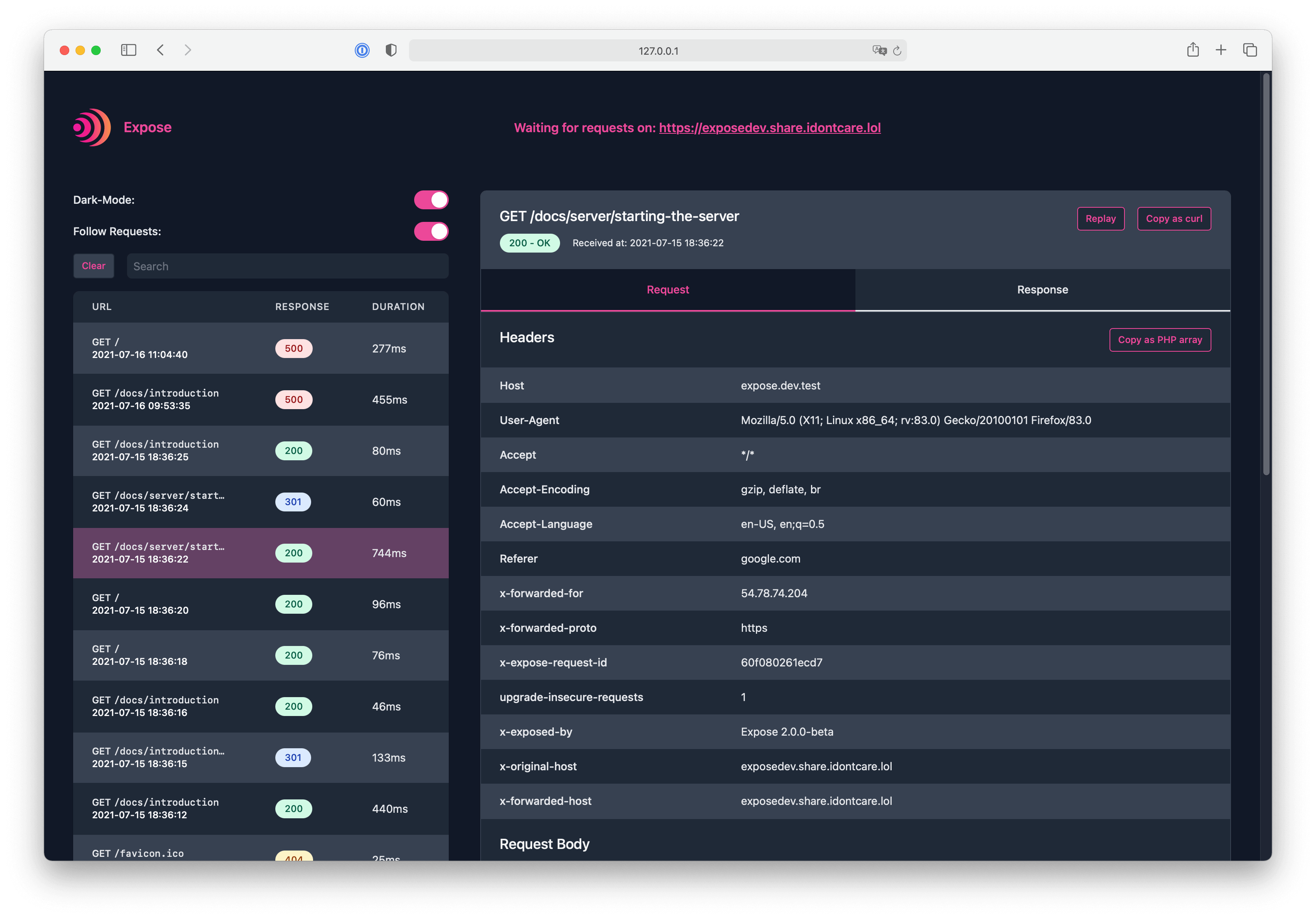 Expose Dashboard with dark mode