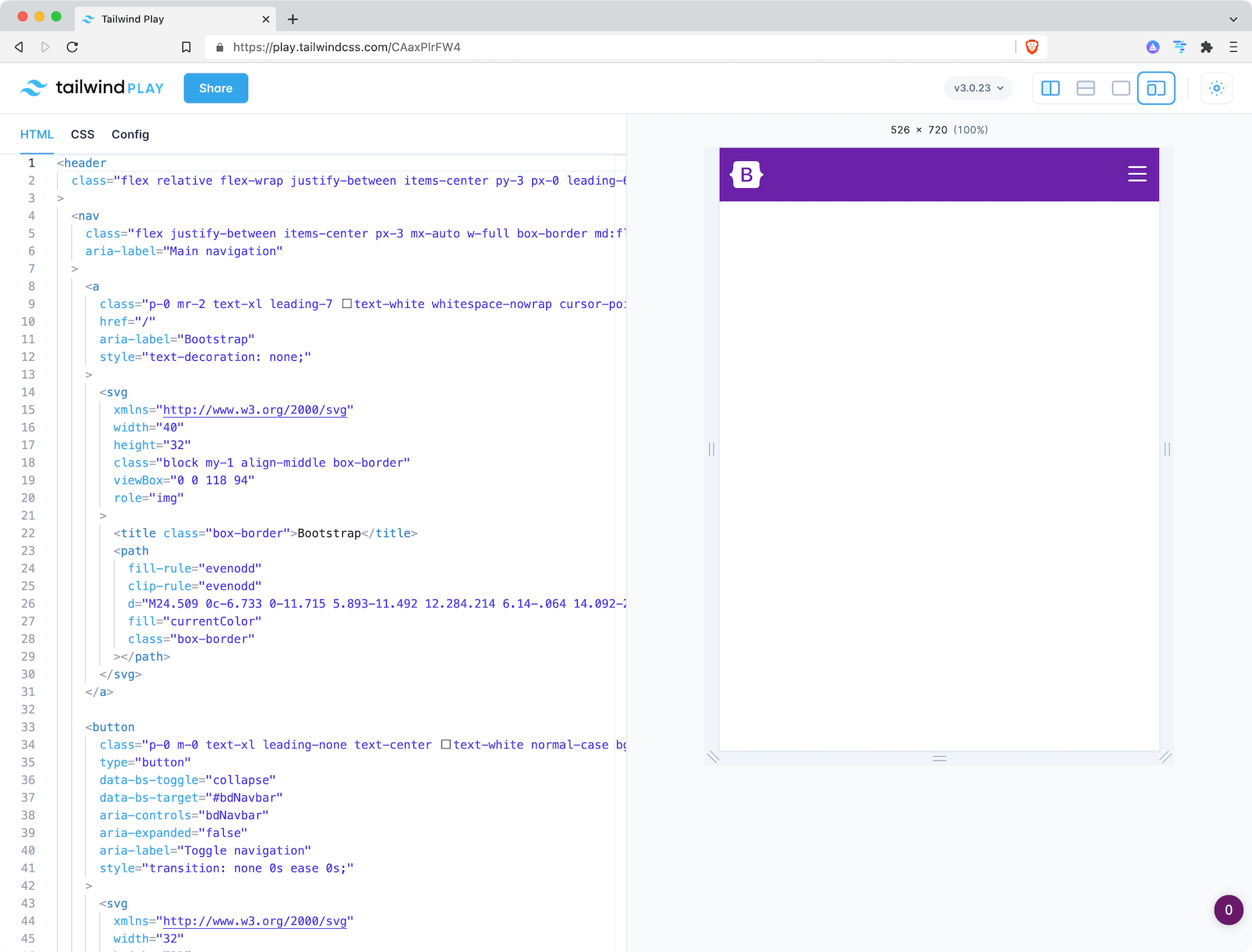 Mobile Bootstrap navigation in Tailwind Play